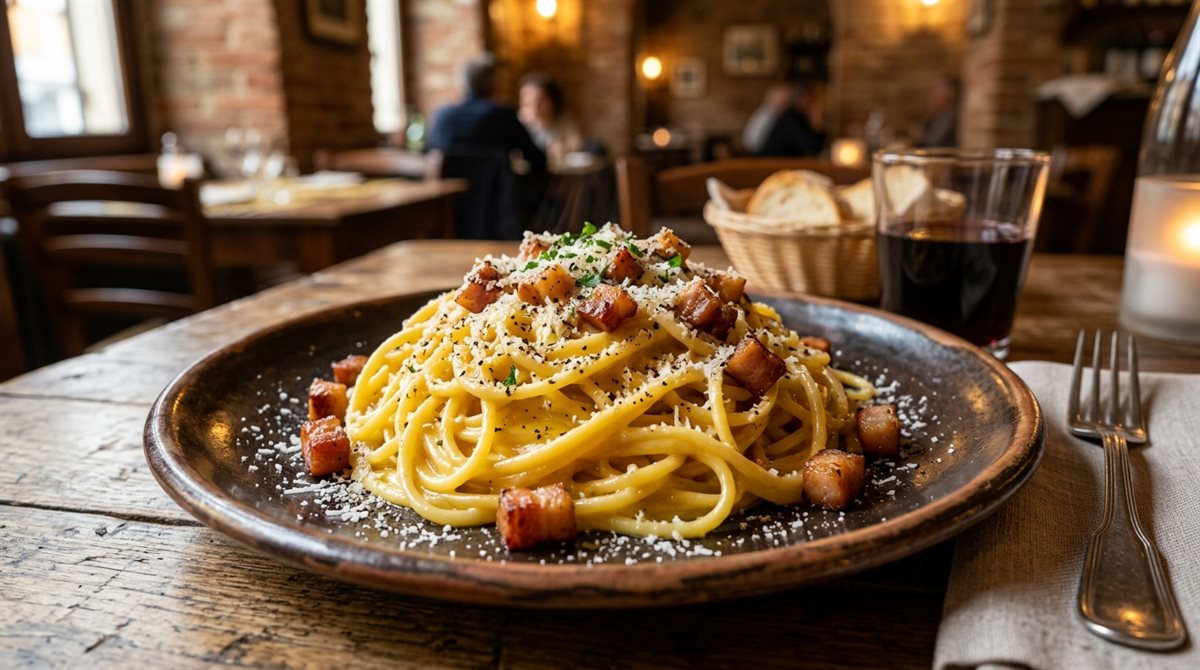 Plato gourmet de espaguetis a la carbonara con queso pecorino y crujiente de panceta